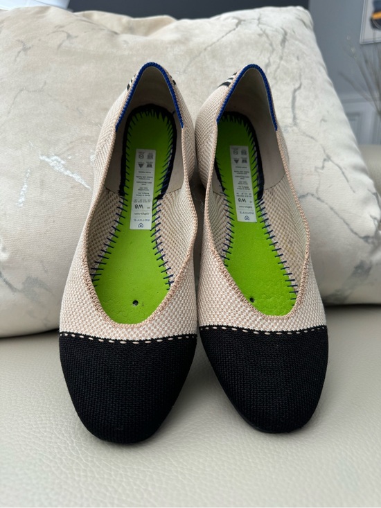 Rothy's Shoes - Rothy's Beige Knit Flats with Black Cap Toe and Blue Trim